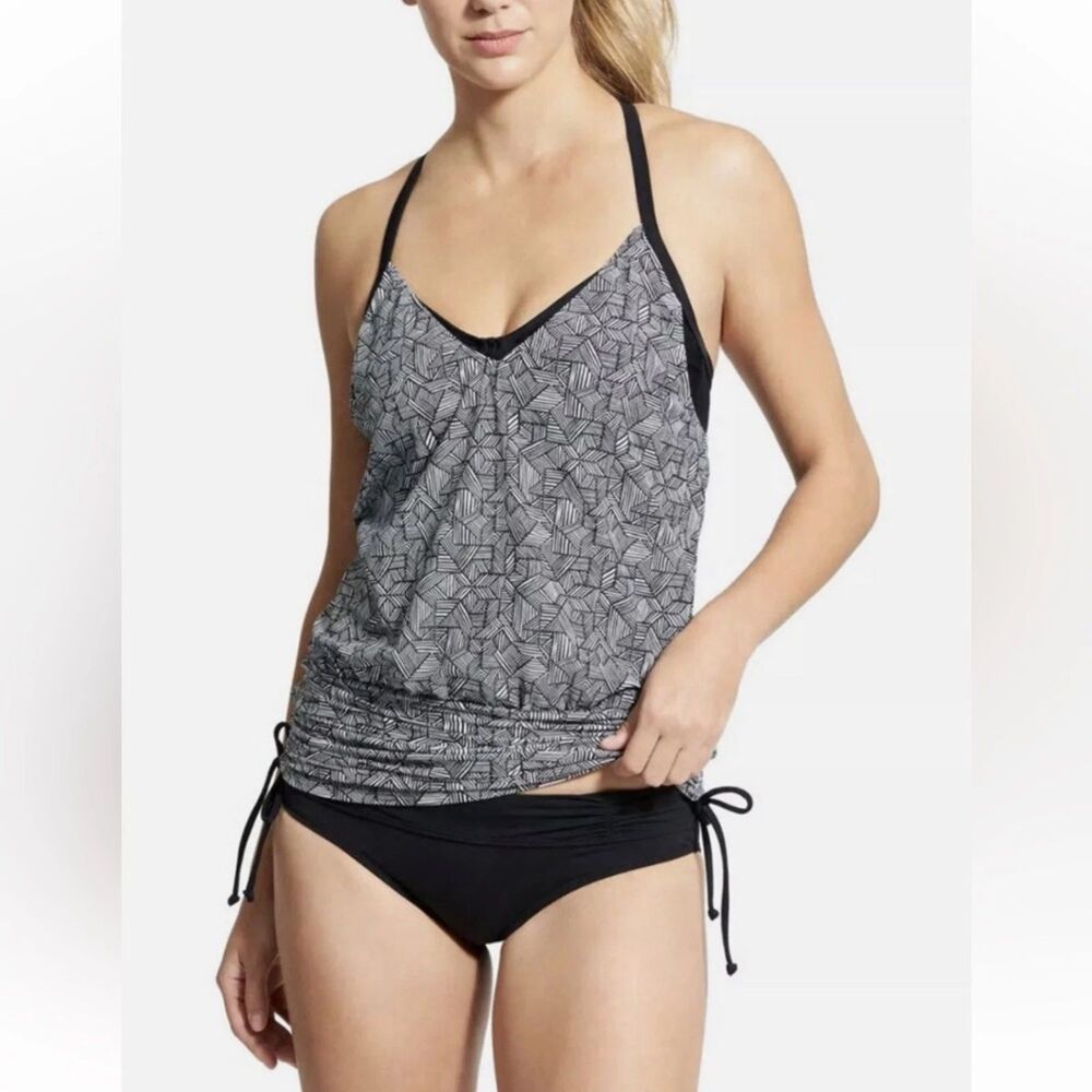 Athleta Laguna Side Scrunch Tankini Top Black White, 34 B/C  (C3)